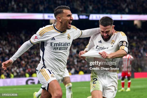 Daniel Carvajal of Real Madrid CF celebrates after scoring his team's third goal with teammate Dani Ceballos during the LaLiga EA Sports match...