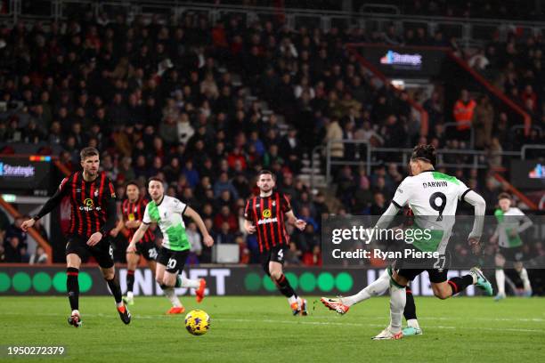 Darwin Nunez of Liverpool scores his team's first goal during the Premier League match between AFC Bournemouth and Liverpool FC at Vitality Stadium...