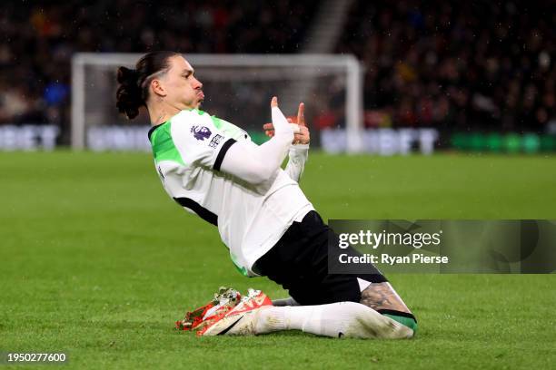 Darwin Nunez of Liverpool celebrates scoring his team's first goal during the Premier League match between AFC Bournemouth and Liverpool FC at...