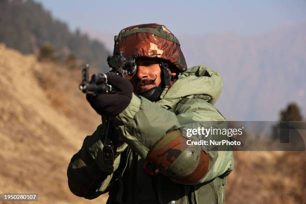 Indian Army soldiers are patrolling the Line of Control between Pakistan and India in the Uri Sector, Jammu and Kashmir, India, on January 24, 2024....