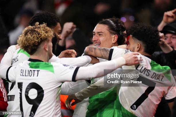 Darwin Nunez of Liverpool celebrates scoring his team's first goal with teammates during the Premier League match between AFC Bournemouth and...