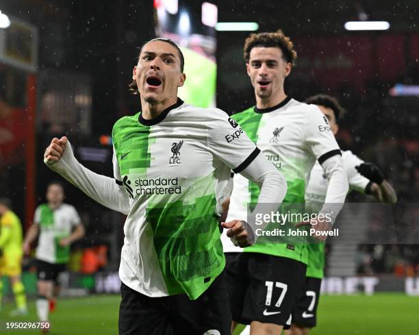 Darwin Nunez of Liverpool celebrates after scoring the opening goal during the Premier League match between AFC Bournemouth and Liverpool FC at...