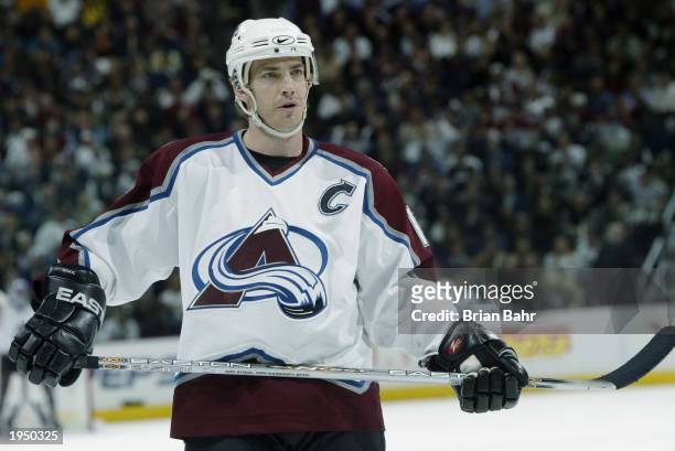 Joe Sakic#19 of the Colorado Avalanche looks on against the Minnesota Wild in game seven of the first round of the Stanley Cup playoffs on April 22,...