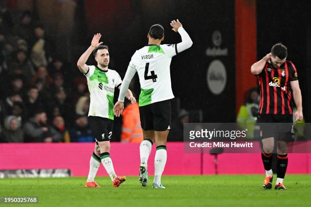Diogo Jota of Liverpool celebrates scoring his team's second goal with teammate Virgil van Dijk during the Premier League match between AFC...