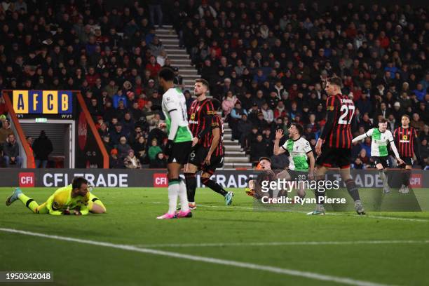 Diogo Jota of Liverpool scores his team's third goal during the Premier League match between AFC Bournemouth and Liverpool FC at Vitality Stadium on...