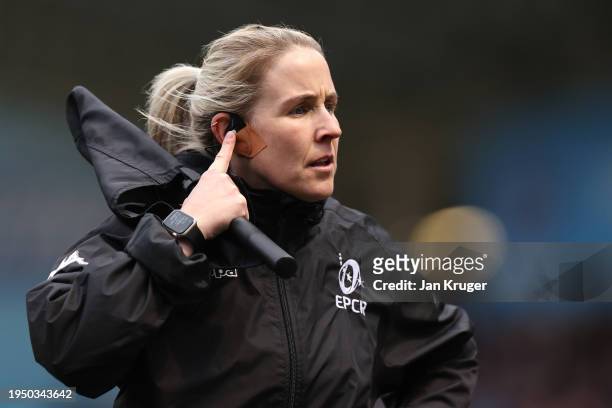 Assistant referee Joy Neville reacts during the Investec Champions Cup match between Sale Sharks and Stade Rochelais at AJ Bell Stadium on January...