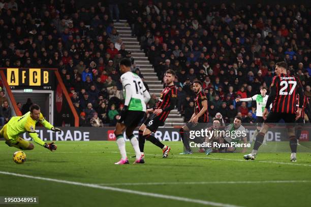 Diogo Jota of Liverpool scores his team's third goal during the Premier League match between AFC Bournemouth and Liverpool FC at Vitality Stadium on...