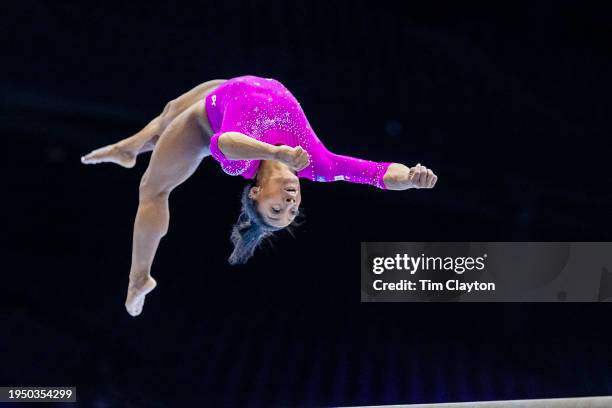 September 29: Simone Biles of the United States performs her balance beam routine during podium training at the Artistic Gymnastics World...