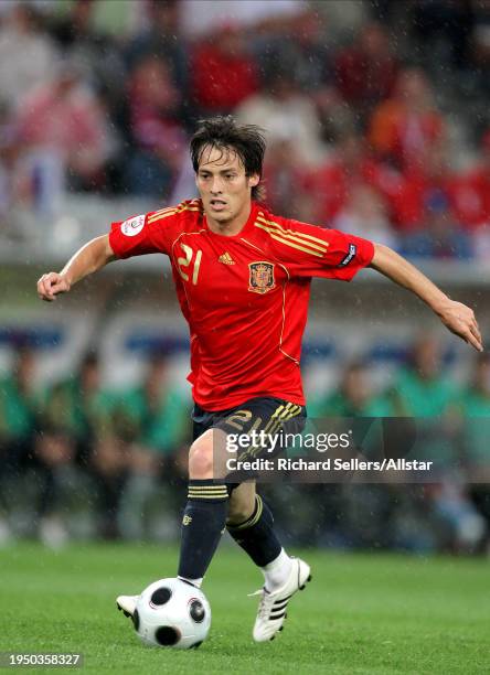 June 10: David Silva of Spain Vrussia on the ball during the UEFA Euro 2008 Group D match between Spain and Russia at Tivoli Nue on June 10, 2008 in...