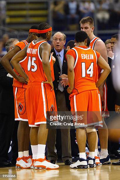 Head coach Jim Boeheim of Syracuse gives instructions in the huddle during a timeout against Kansas during the championship game of the NCAA Men's...