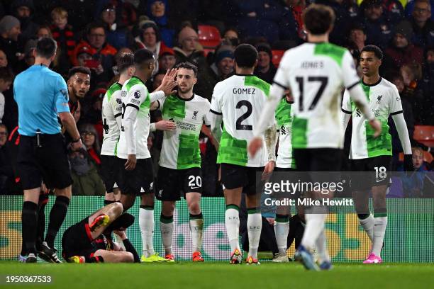Diogo Jota of Liverpool celebrates scoring his team's second goal with teammates during the Premier League match between AFC Bournemouth and...