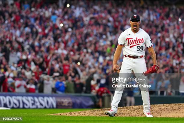 Jhoan Duran of the Minnesota Twins celebrates after winning during Game 2 of the Wild Card Series between the Toronto Blue Jays and the Minnesota...