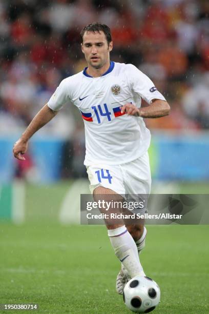 June 10: Roman Shirokov of Russia on the ball during the UEFA Euro 2008 Group D match between Spain and Russia at Tivoli Nue on June 10, 2008 in...