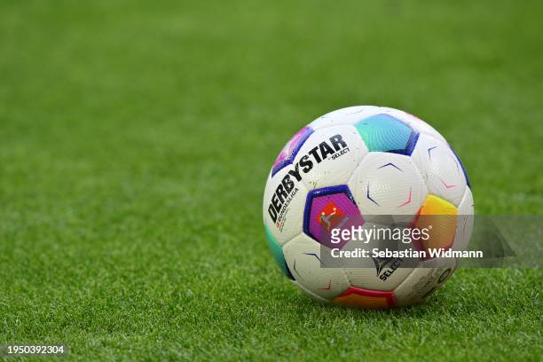 The match ball with the Bundesliga logo is seen on the pitch prior to the Bundesliga match between FC Bayern München and SV Werder Bremen at Allianz...