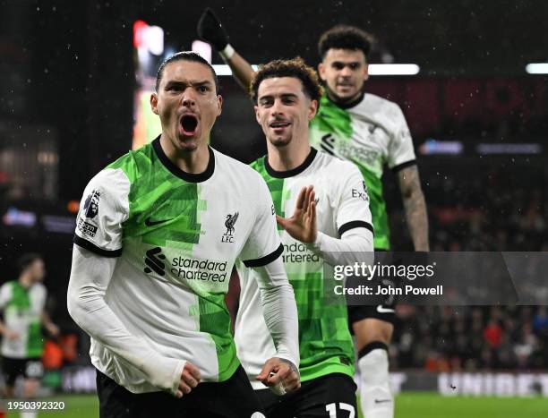 Darwin Nunez of Liverpool celebrates after scoring the opening goal during the Premier League match between AFC Bournemouth and Liverpool FC at...