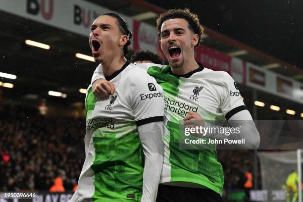 Darwin Nunez of Liverpool celebrates after scoring the opening goal during the Premier League match between AFC Bournemouth and Liverpool FC at...