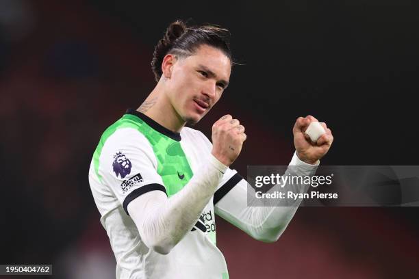 Darwin Nunez of Liverpool celebrates following the team's victory during the Premier League match between AFC Bournemouth and Liverpool FC at...