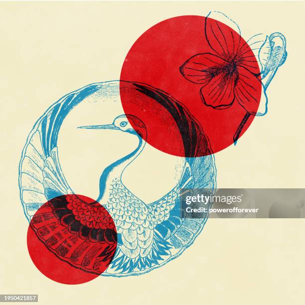 risograph overprinting style japanese crane and violet flower - japanese culture stock illustrations