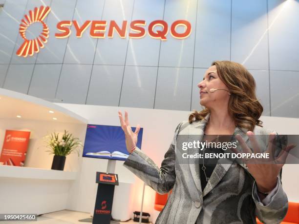 Syensqo CEO Ilham Kadri delivers a speech at the opening of the headquarters of Syensqo, spin-off from Solvay, in Brussels, Wednesday 24 January...