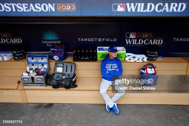 Don Mattingly of the Toronto Blue Jays looks on prior to Game 2 of the Wild Card Series between the Toronto Blue Jays and the Minnesota Twins at...