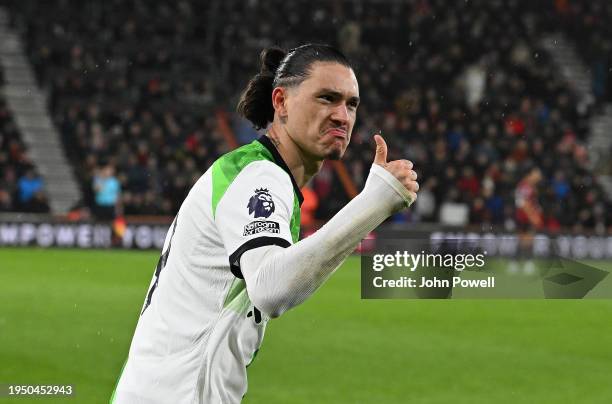 Darwin Nunez of Liverpool celebrates after scoring the opening goal during the Premier League match between AFC Bournemouth and Liverpool FC at...