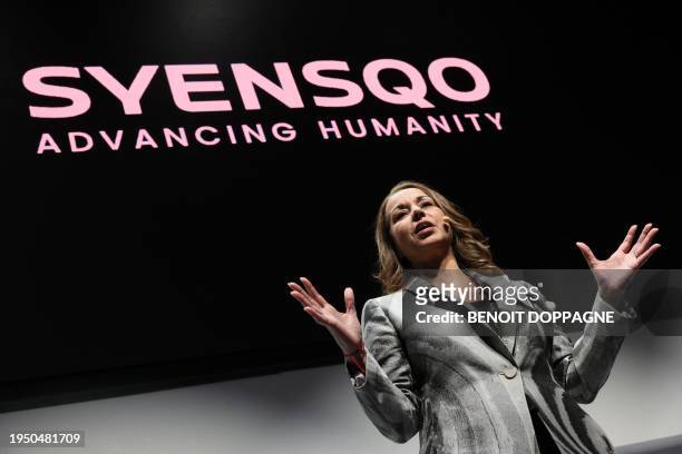Syensqo CEO Ilham Kadri delivers a speech at the opening of the headquarters of Syensqo, spin-off from Solvay, in Brussels, Wednesday 24 January...