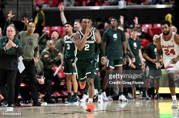 Tyson Walker of the Michigan State Spartans celebrates after hitting the game winning shot in the second half against the Maryland Terrapins at...