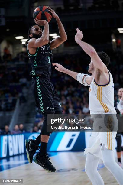 Rudy Fernandez of Real Madrid and Adam Smith of Bilbao Basket in action during Liga Endesa match between Real Madrid and Bilbao Basket at WiZink...