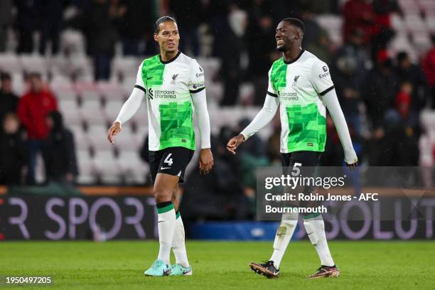 Virgil Van Dijk and Ibrahima Konate of Liverpool after their sides 4-0 win during the Premier League match between AFC Bournemouth and Liverpool FC...