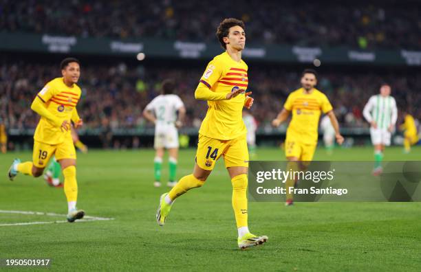 Joao Felix of FC Barcelona celebrates scoring his team's third goal during the LaLiga EA Sports match between Real Betis and FC Barcelona at Estadio...