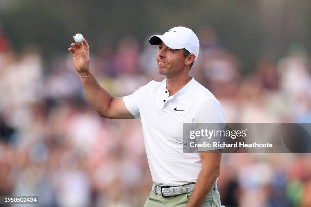 Rory McIlroy of Northern Ireland celebrates victory on the 18th green during the final round of the Hero Dubai Desert Classic at Emirates Golf Club...