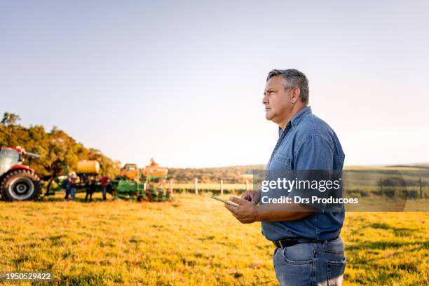 farmer using tablet in soybean field - soya bean brazil stock pictures, royalty-free photos & images