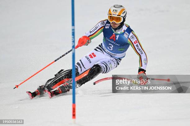 Germany's Linus Strasser competes during the men's slalom event of the FIS Alpine Skiing World Cup in Schladming, Austria, on January 24, 2024.