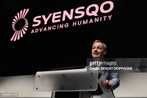 Belgium Prime Minister Alexander De Croo delivers a speech at the opening of the headquarters of Syensqo, spin-off from Solvay, in Brussels on...