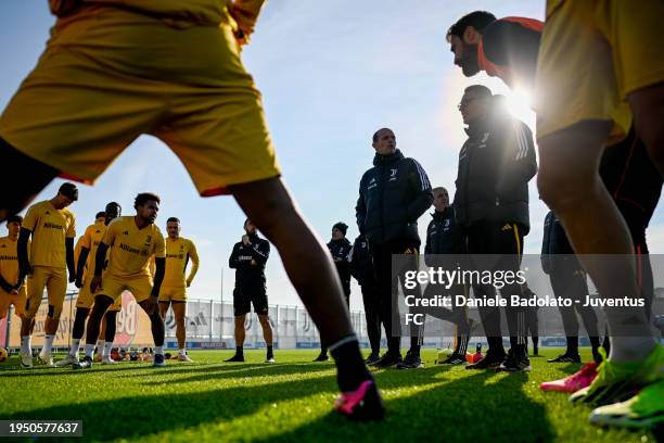 Massimiliano Allegri of Juventus during a training session at JTC on January 24, 2024 in Turin, Italy.