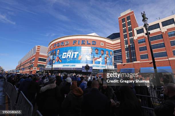 Fans gather for the NFC Divisional Playoff game between the Detroit Lions and the Tampa Bay Buccaneers at Ford Field on January 21, 2024 in Detroit,...