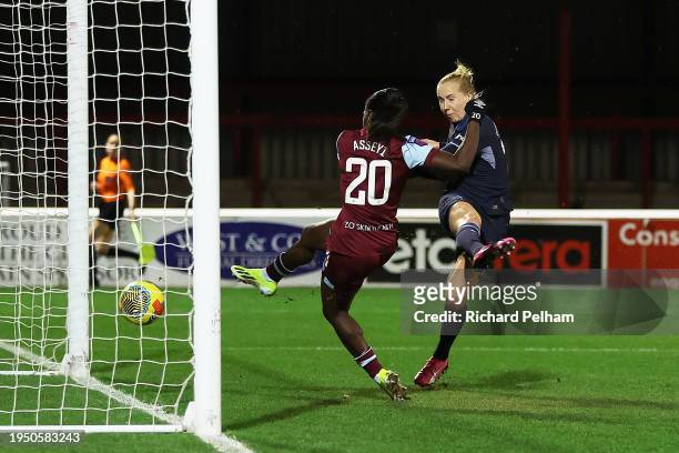 Viviane Asseyi of West Ham United scores her team's second goal during the Barclays Women´s Super League match between West Ham United and Tottenham...