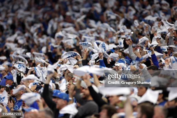 Fans of the Detroit Lions cheer during the first quarter of the NFC Divisional Playoff game between the Detroit Lions and the Tampa Bay Buccaneers at...