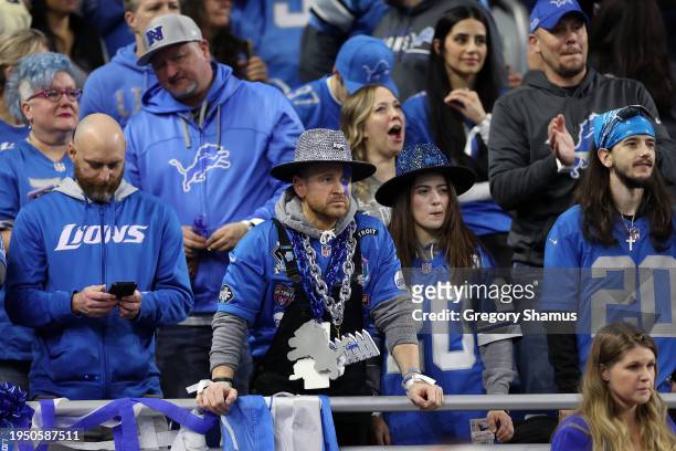 Fans of the Detroit Lions cheer during the first quarter of the NFC Divisional Playoff game between the Detroit Lions and the Tampa Bay Buccaneers at...