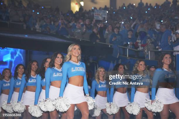 Cheerleaders for the Detroit Lions take the field for the NFC Divisional Playoff game between the Detroit Lions and the Tampa Bay Buccaneers at Ford...