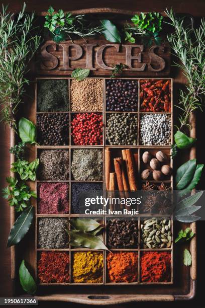 collection of different spices and herbs - cardamom stock pictures, royalty-free photos & images