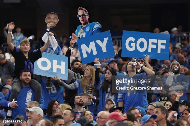 Fans of the Detroit Lions cheer during the first quarter of the NFC Divisional Playoff game between the Detroit Lions and the Tampa Bay Buccaneers at...