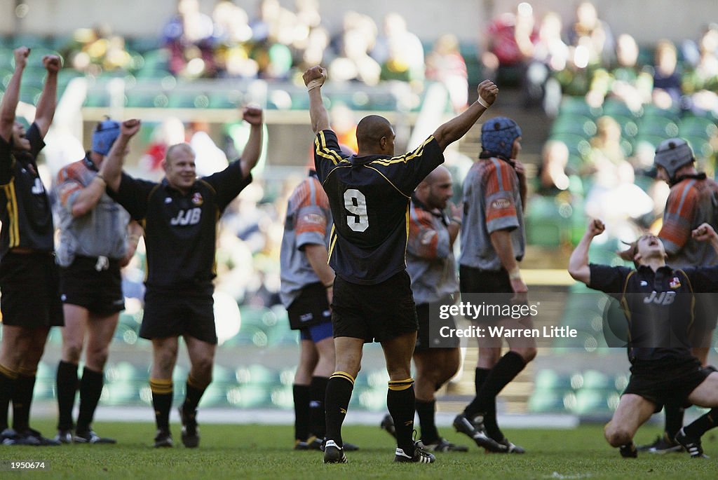 Orrell Rugby Orrell players celebrate victory as the final whistle blows during ...