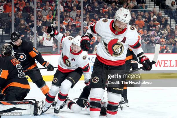 Claude Giroux of the Ottawa Senators reacts after scoring during the third period against the Philadelphia Flyers at the Wells Fargo Center on...