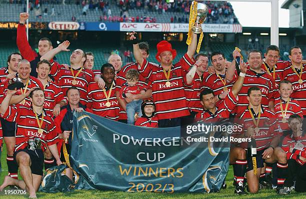 The Gloucester team celebrate victory after the Powergen Cup Final between Gloucester and Northampton Saints held on April 5, 2003 at Twickenham, in...