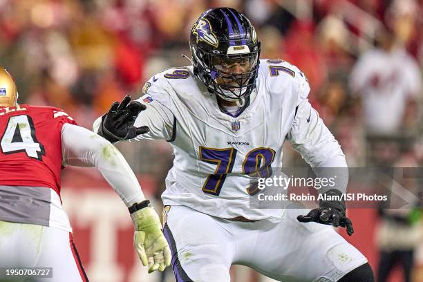 Ronnie Stanley of the Baltimore Ravens in action during a game between the San Francisco 49ers and the Baltimore Ravens at Levi's Stadium on December...