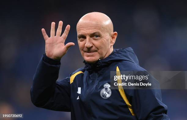 Antonio Pintus, Real Madrid's physical trainer, waves to fans prior to the LaLiga EA Sports match between Real Madrid CF and UD Almeria at Estadio...