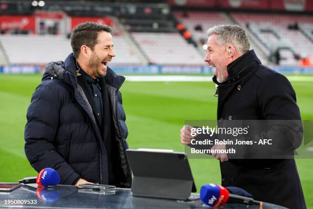 Former Liverpool players, now a Sky pundits, Jamie Redknapp and Jamie Carragher share a joke before the Premier League match between AFC Bournemouth...