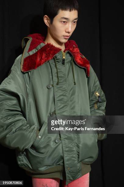 Model poses backstage after the Doublet Menswear Fall/Winter 2024-2025 show as part of Paris Fashion Week on January 21, 2024 in Paris, France.