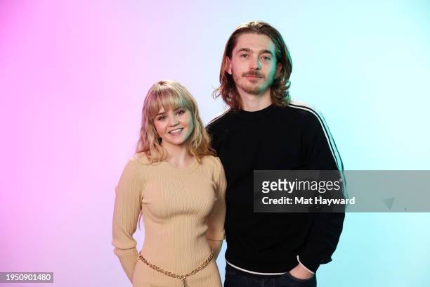 Megan Stott and Austin Abrams visits the IMDb Portrait Studio at Acura House of Energy on Location at Sundance 2024 on January 21, 2024 in Park City,...
